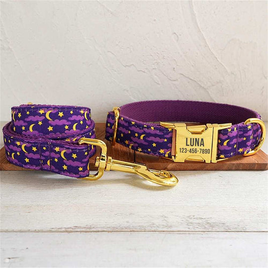 Personalized Purple Star Pattern Pet Collar & Leash Set - Pet Panache Boutique