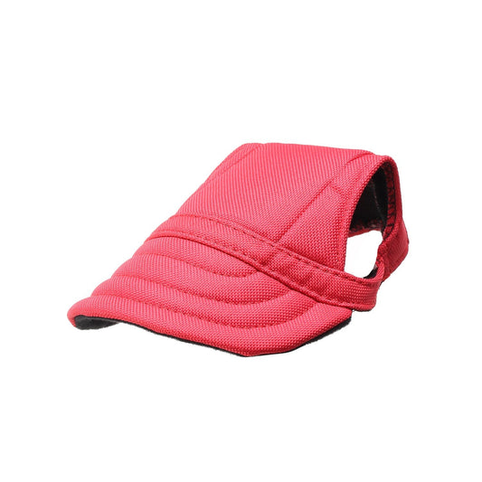 Personalized red pet hat, designed for comfort and protection, featuring ear cutouts and adjustable fit for pets.