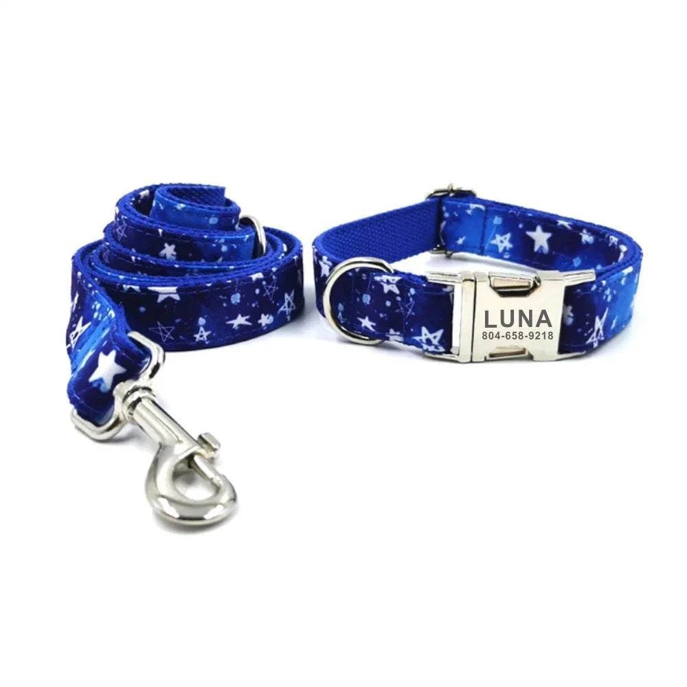 Royal blue and white stars pet collar and leash set by Pet Panache Boutique, personalized for dogs or cats.