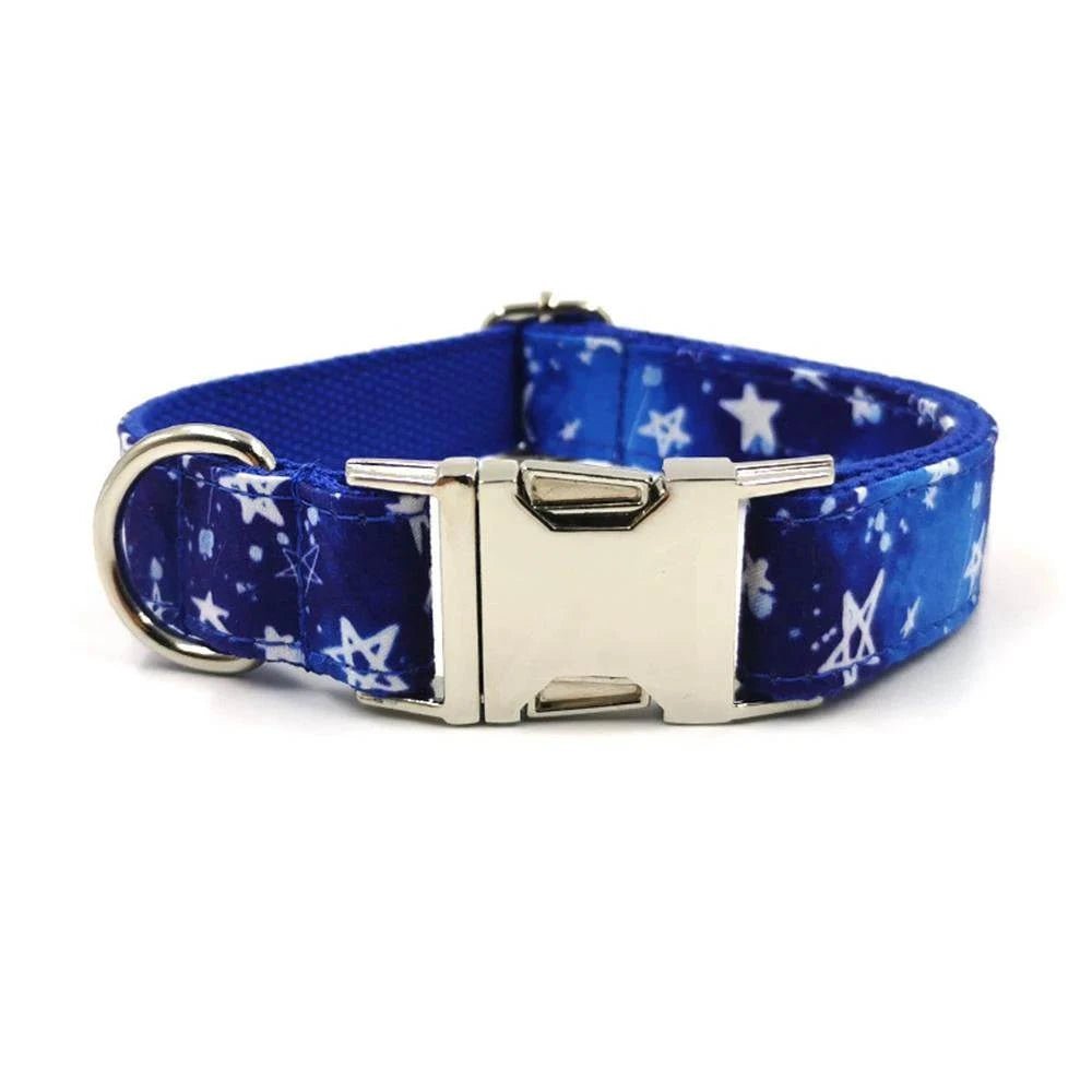 Royal blue and white stars pet collar and leash set from Pet Panache Boutique, personalized for your furry friend.