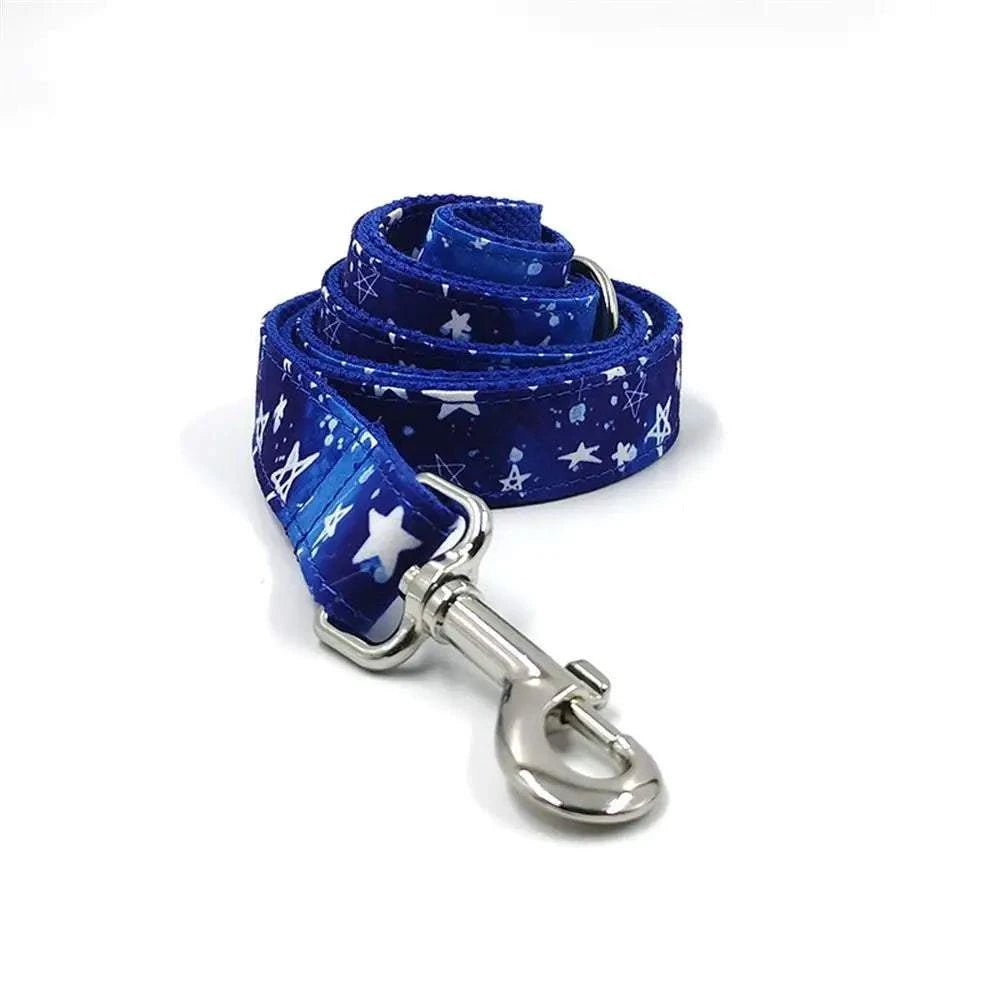 Personalized royal blue and white stars pet collar and leash set from Pet Panache Boutique, featuring adjustable straps and star pattern.