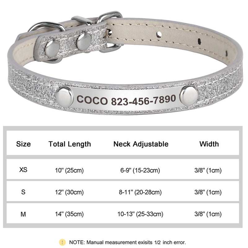 Personalized silver leather glitter pet collar with a silver buckle and engraved name tag, designed for small dogs or cats.