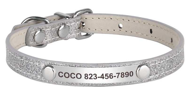 Personalized silver leather glitter pet collar with engraved name tag, stylish and durable for small to medium dogs and cats.