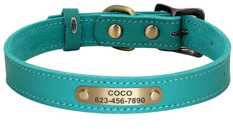 Personalized Turquoise Leather Pet Collar - Pet Panache Boutique