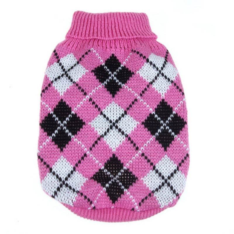 Pink and black diamond pattern pet sweater from Pet Panache Boutique, cozy and stylish for small dogs or cats.