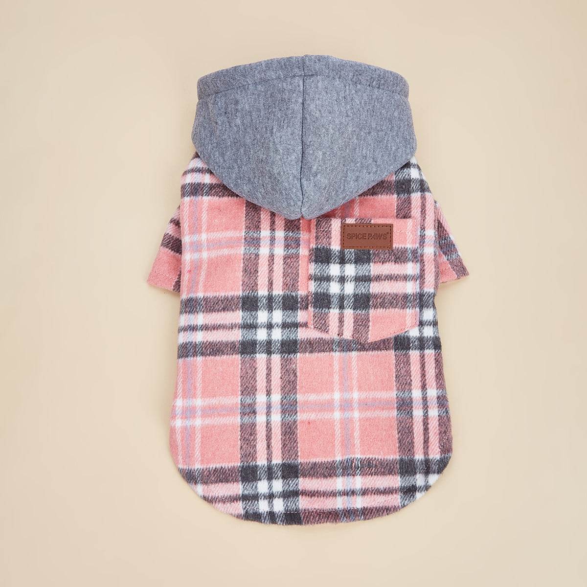 Pink plaid pet hoodie from Pet Panache Boutique, featuring a cozy design perfect for small dogs and cats.