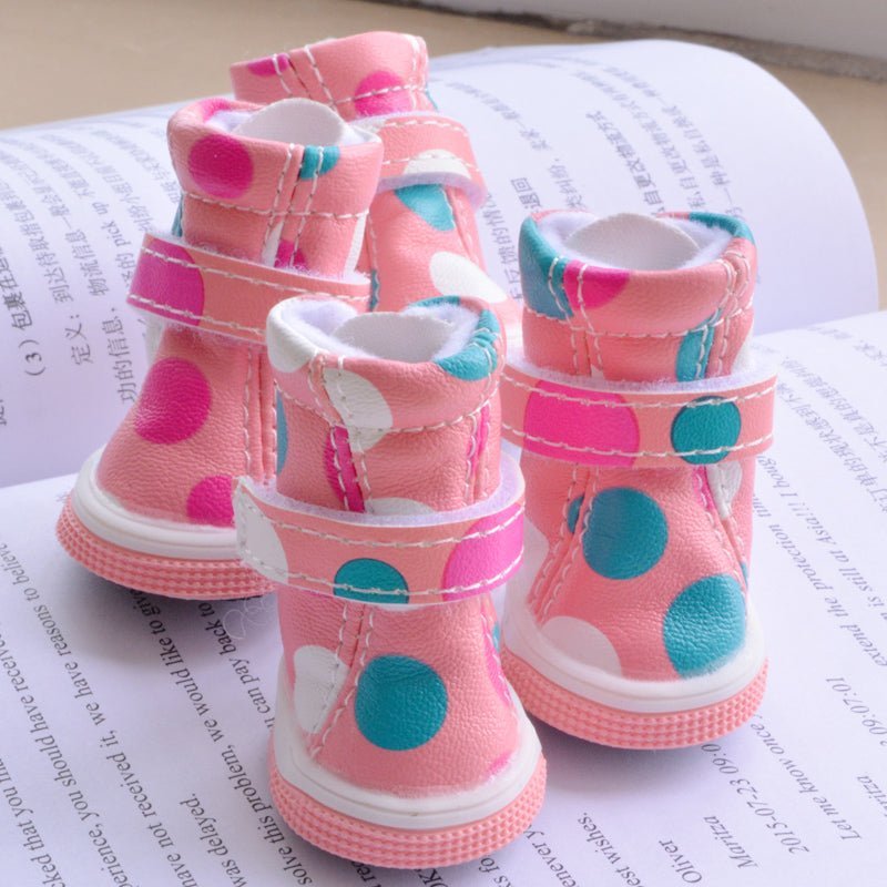 Pink polka dot Pet Boots by Pet Panache Boutique, showing cozy, stylish pet footwear with a pink polka dot pattern.