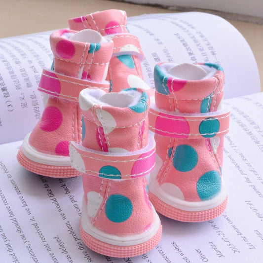 Pink polka dot Pet Boots by Pet Panache Boutique, showing cozy, stylish pet footwear with a pink polka dot pattern.
