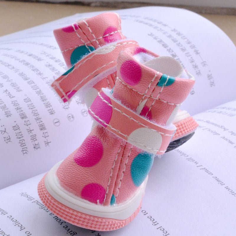 Pink polka dot Pet Boots by Pet Panache Boutique, featuring soft fabric and rubber soles for small pets.