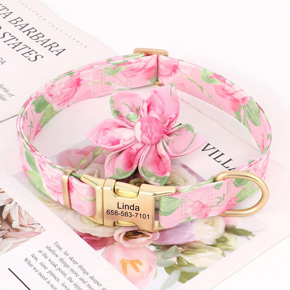 Pink rose pet collar with a detachable flower, personalized with the pet's name, from Pet Panache Boutique.