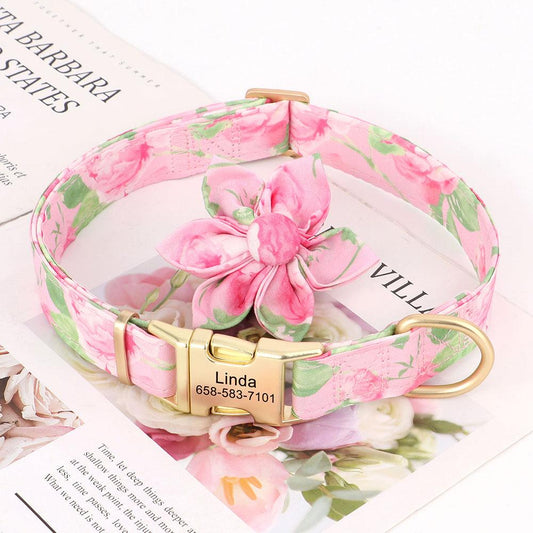 Pink rose pet collar with a detachable flower, personalized with the pet's name, from Pet Panache Boutique.