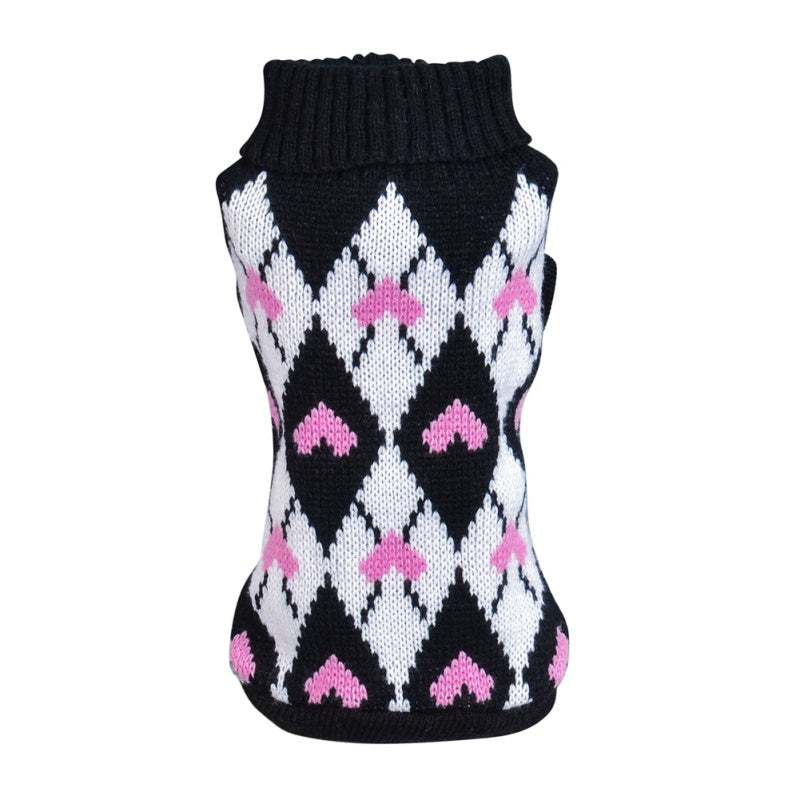 Pink and black heart diamond pet sweater from Pet Panache Boutique, featuring a cozy design for small dogs and cats.