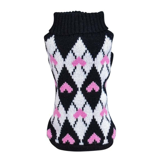 Pink and black heart diamond pet sweater from Pet Panache Boutique, featuring a cozy design for small dogs and cats.