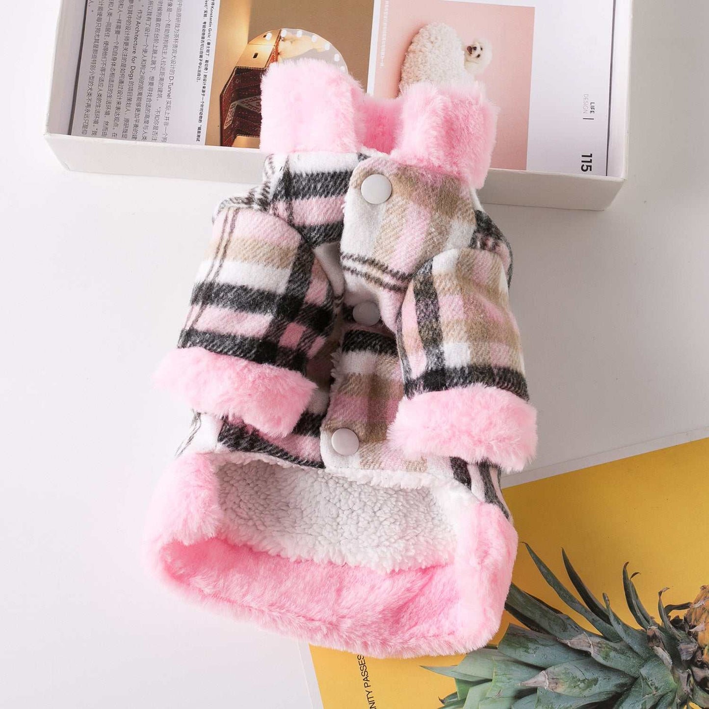 Pet Panache Boutique plaid pet jacket with pink or brown trim, cozy and stylish for small dogs or cats.
