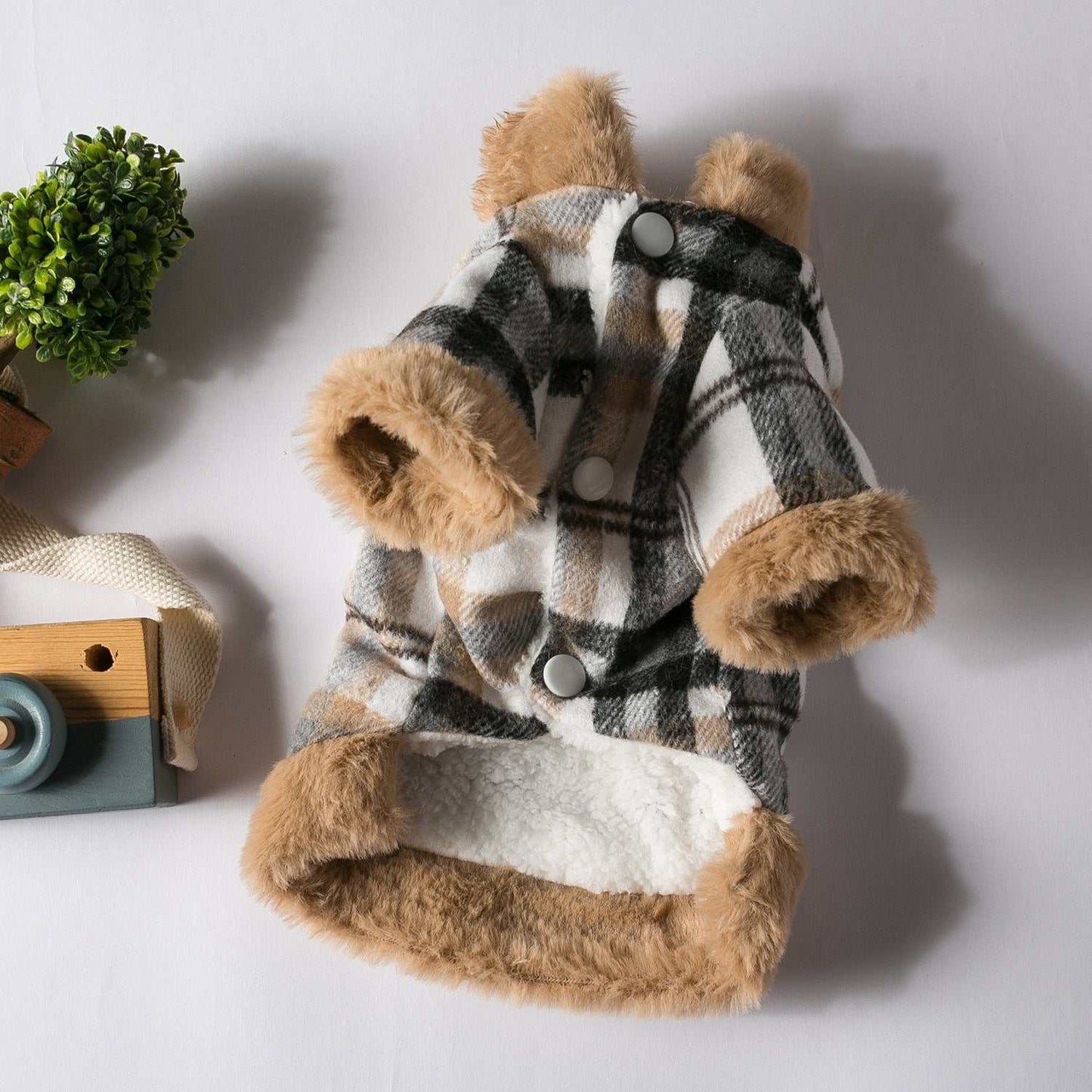Plaid Pet Jackets with pink or brown trim by Pet Panache Boutique, featuring cozy fabric and stylish design for small pets.