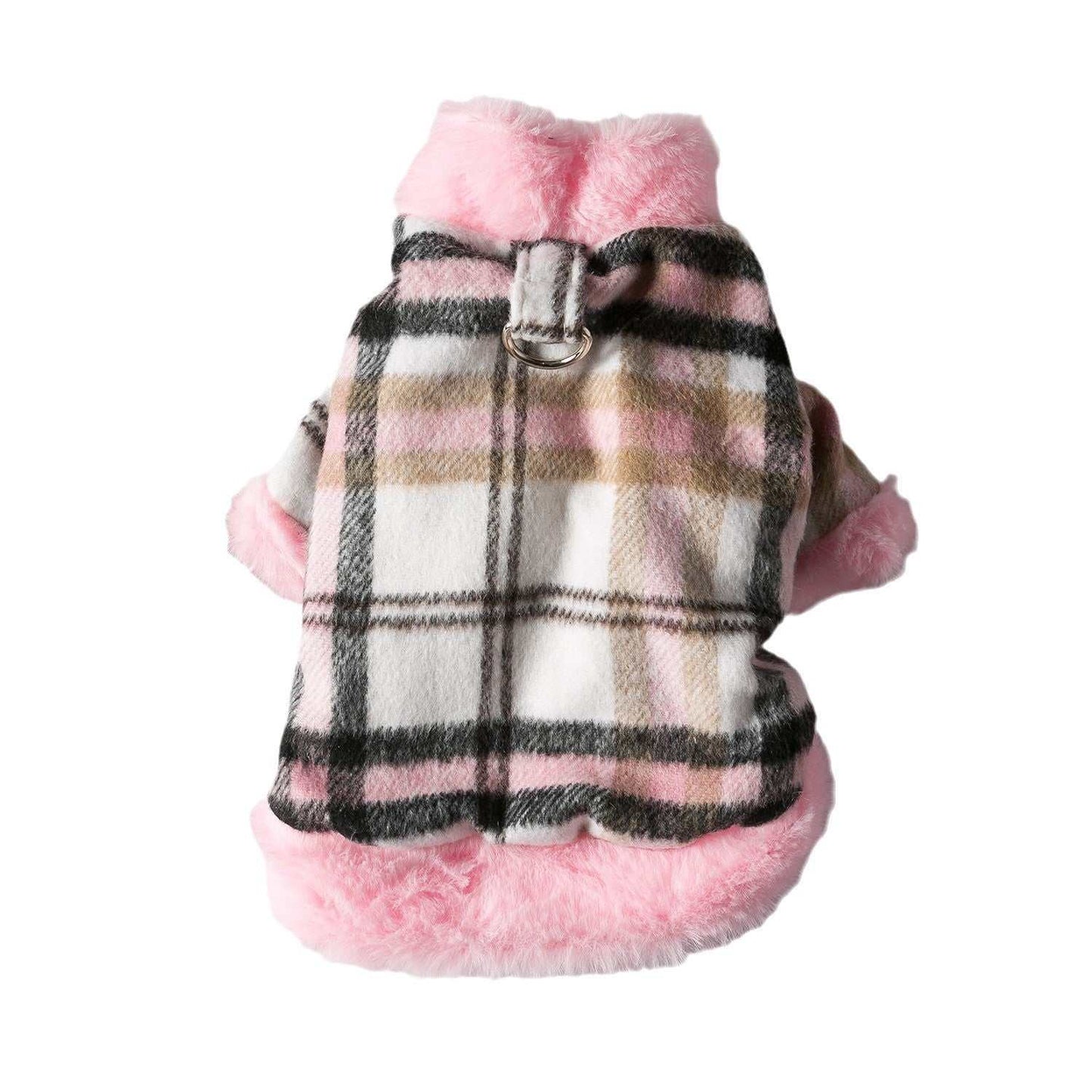 Plaid pet jackets with pink or brown trim, stylish and cozy pet apparel from Pet Panache Boutique featuring button closures and soft fabric.