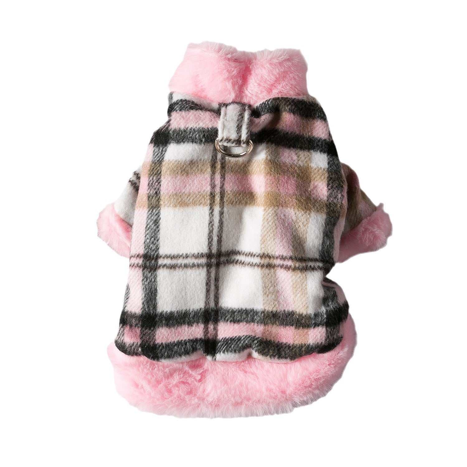 Plaid pet jackets with pink or brown trim, stylish and cozy pet apparel from Pet Panache Boutique featuring button closures and soft fabric.