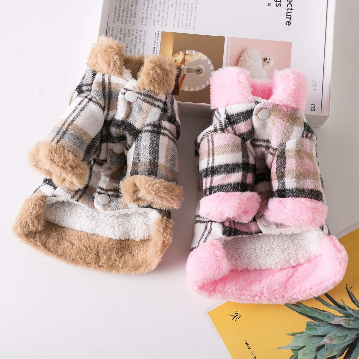 Plaid pet jackets from Pet Panache Boutique with pink or brown trim, designed for small dogs or cats.