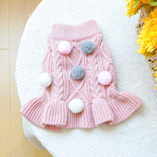 Pink Pompom Knit Sweater for pets by Pet Panache Boutique, showing a cozy pink pet sweater with pompom details.