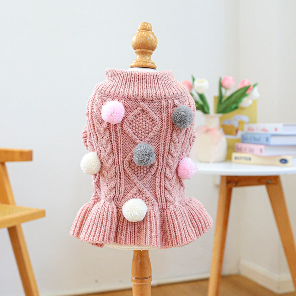 Pink Pompom Knit Sweater for pets from Pet Panache Boutique, featuring soft knit fabric and playful pompom accents.