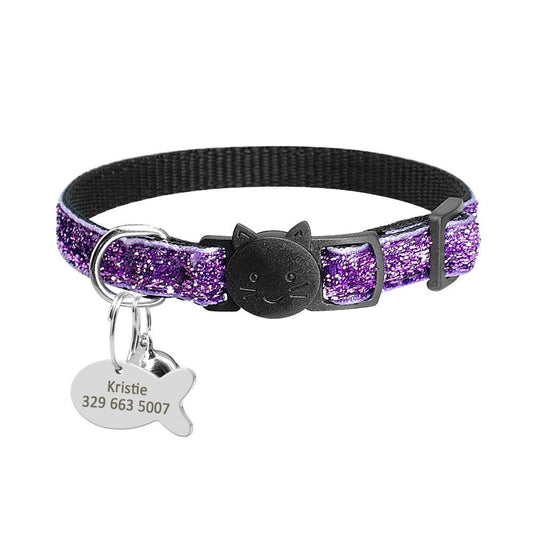 Purple Glitter Cat Collar with Fish Personalization Charm - Pet Panache Boutique