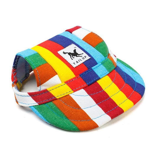 Colorful rainbow-striped pet hat by Pet Panache Boutique, featuring playful stripes and a comfortable fit for pets.
