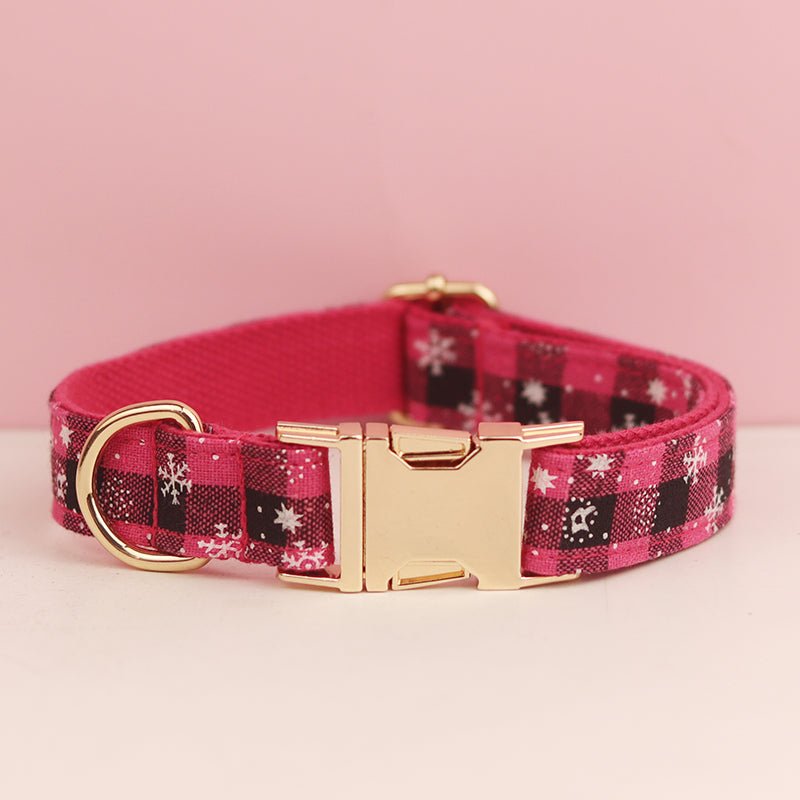 Red Plaid Snowflake Pert Collar, Leash & Optional Bow - Pet Panache Boutique