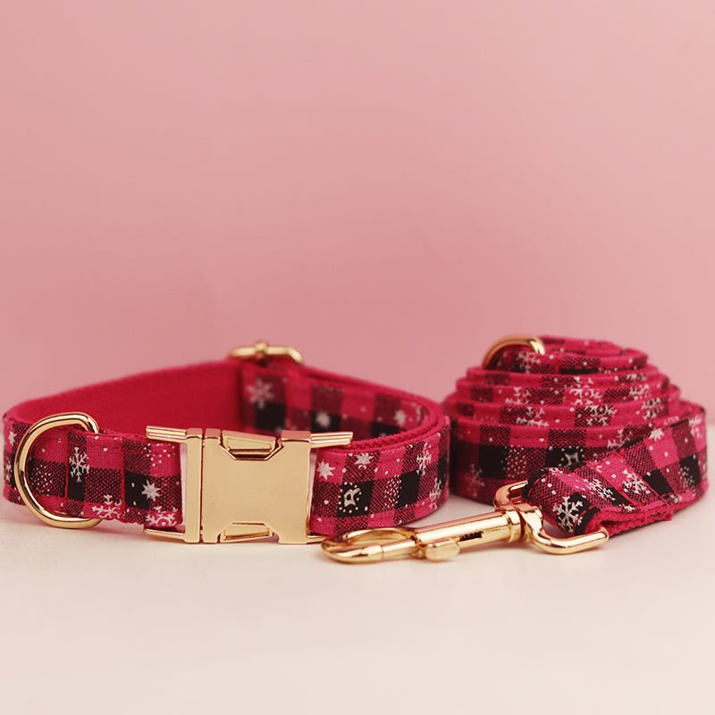 Red Plaid Snowflake Pert Collar, Leash & Optional Bow - Pet Panache Boutique