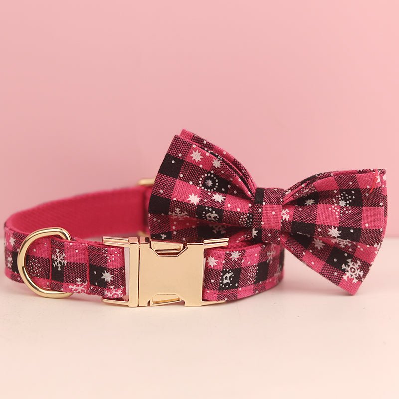 Red Plaid Snowflake Pert Collar, Leash & Optional Bow - Pet Panache Boutique