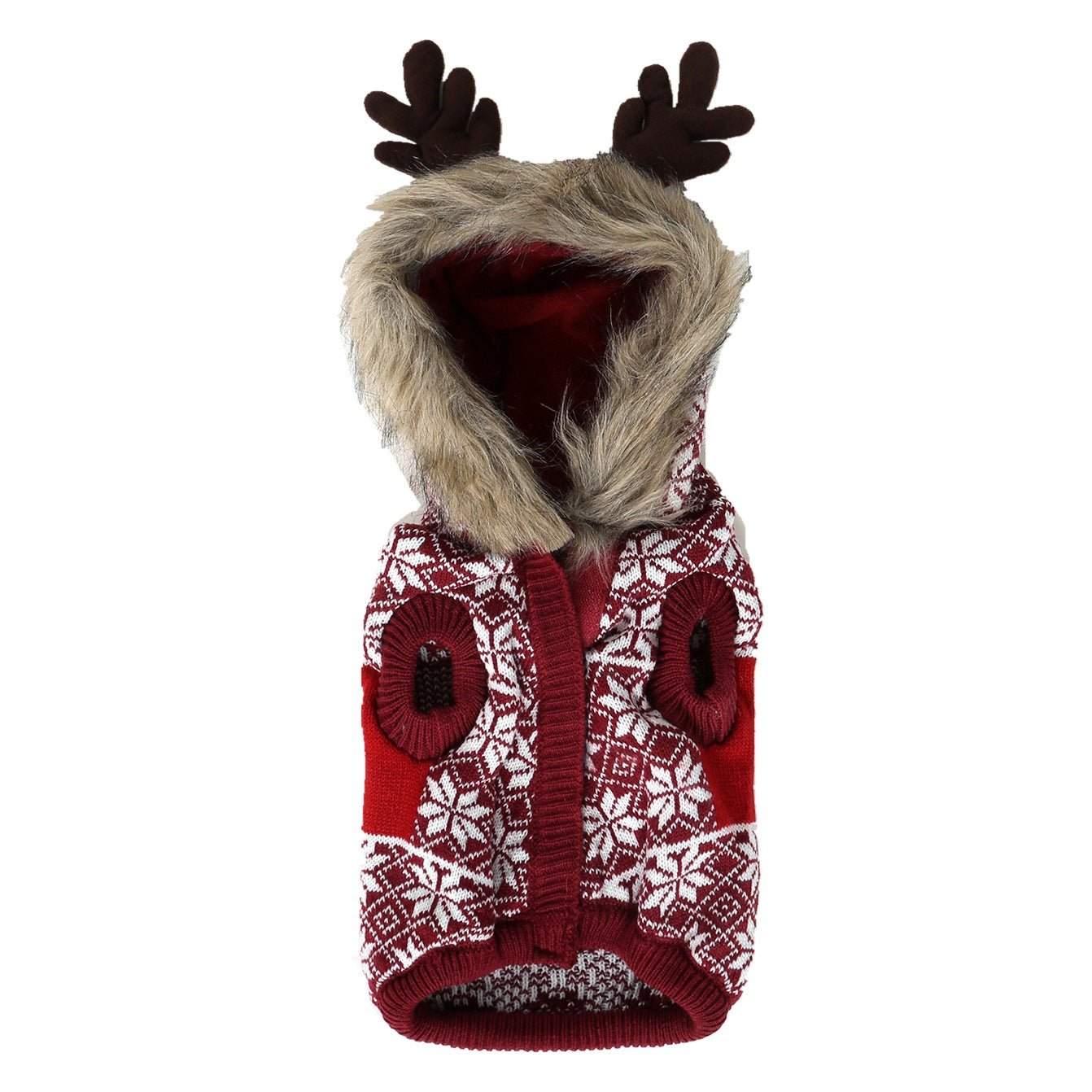 Red Snowflake Knit Pet Jacket with Reindeer Hoodie - Pet Panache Boutique