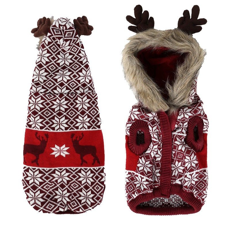 Red Snowflake Knit Pet Jacket with Reindeer Hoodie - Pet Panache Boutique