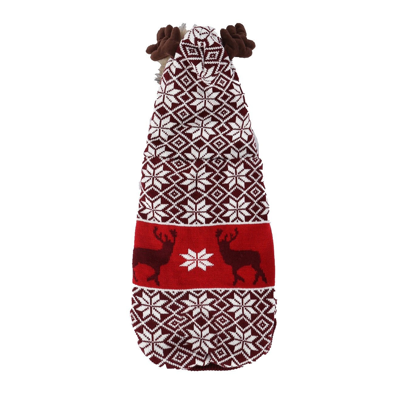 Red Snowflake Knit Pet Jacket with Reindeer Hoodie - Pet Panache Boutique