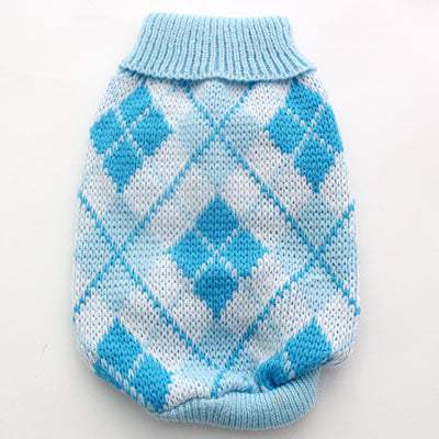Pet Panache Boutique royal or light blue diamond pattern pet sweater, cozy knit for small dogs or cats.