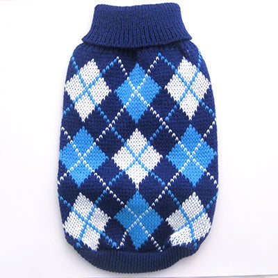 Pet Panache Boutique royal or light blue diamond pattern pet sweater, cozy and stylish for small dogs or cats.