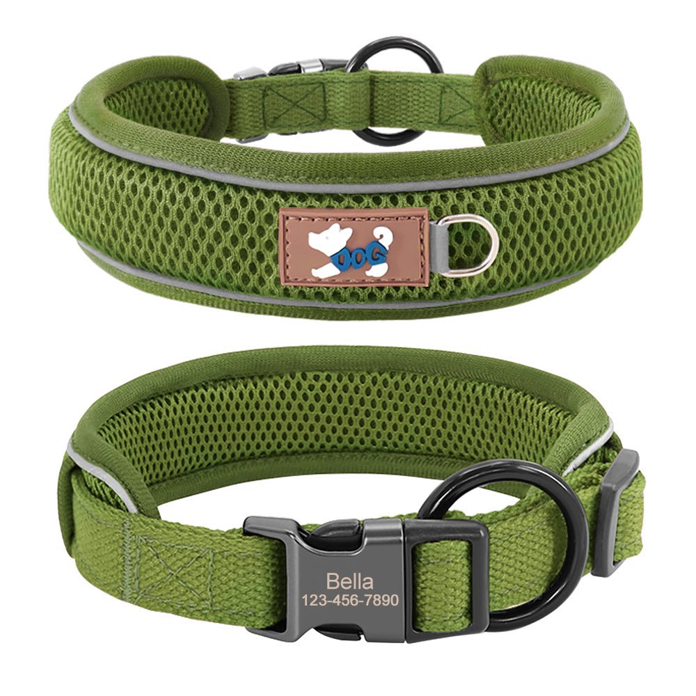 Olive green mesh padded pet collar with adjustable strap and metal buckle, designed for comfort and style for small to medium pets.