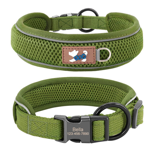 Olive green mesh padded pet collar with adjustable strap and metal buckle, designed for comfort and style for small to medium pets.