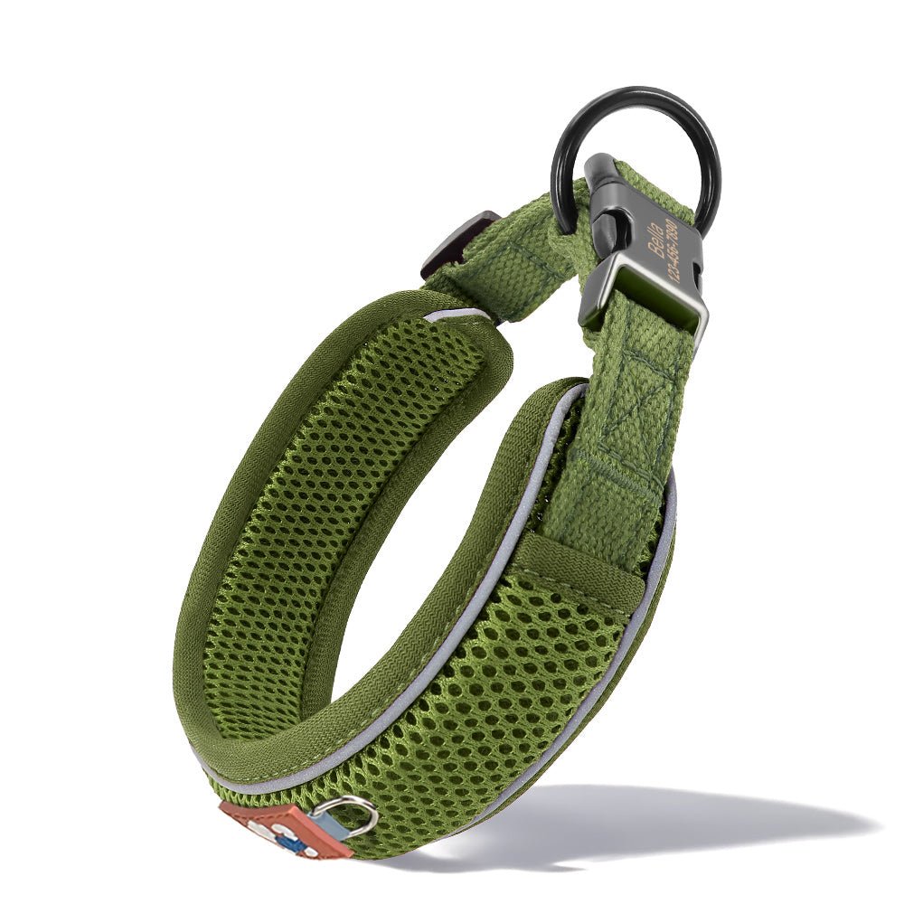 Olive green mesh padded pet collar with adjustable strap and metal buckle, designed for comfortable pet wear.