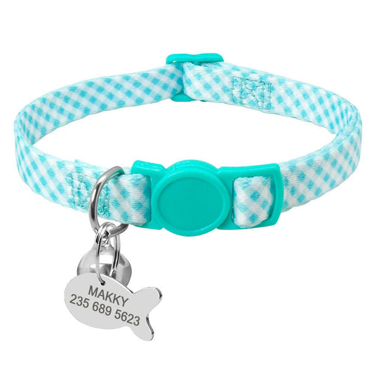 Sky - Blue Checkerboard Cat Collar with Fish ID Personalization Charm - Pet Panache Boutique