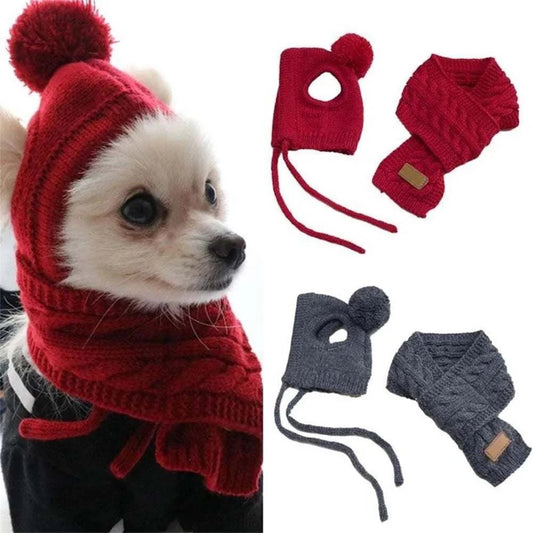 Slate Blue or Ruby Red Pet Pompom Hat & Scarf Set - Pet Panache Boutique