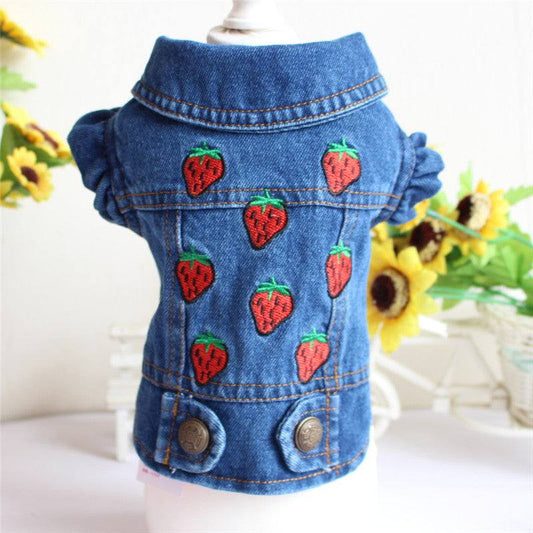 Denim pet vest with strawberry field design by Pet Panache Boutique, featuring a comfortable fit for small dogs and cats.