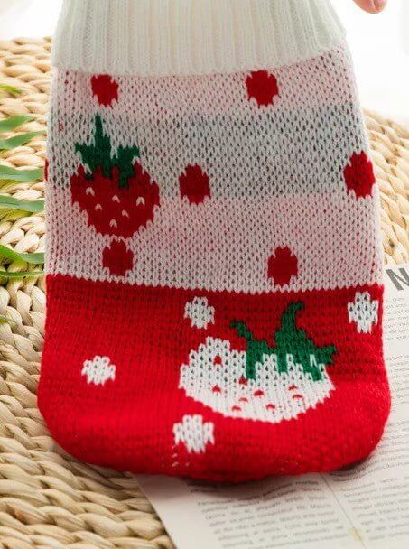 Strawberry Pet Sweater featuring red and white design with strawberries, stylish pet wear made from quality materials.