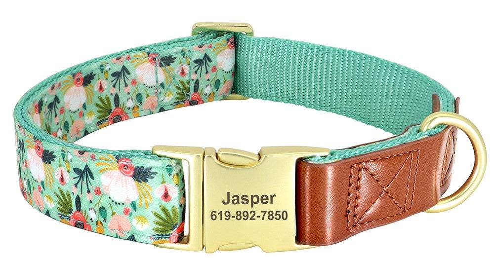 Personalized Tropical Escape Pet Collar with vibrant tropical print, adjustable strap, and custom name tag by Pet Panache Boutique.
