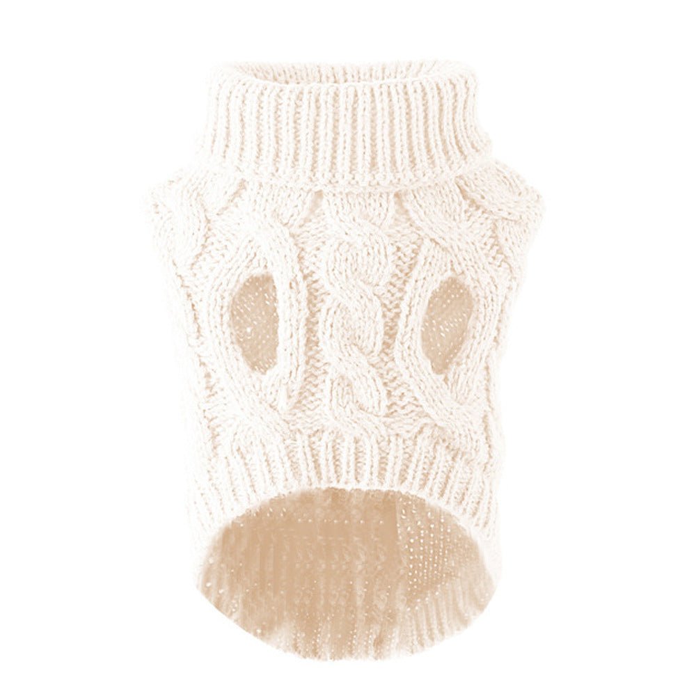 White knit pet sweater from Pet Panache Boutique, cozy and stylish for small dogs or cats, with a soft knit fabric.