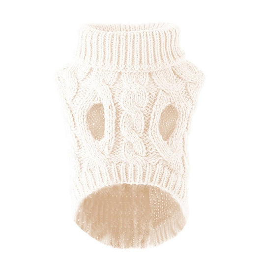 White knit pet sweater from Pet Panache Boutique, cozy and stylish for small dogs or cats, with a soft knit fabric.