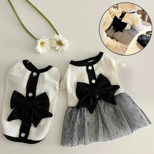 White Pet Dress with velvet bow and toule option, stylish pet clothing by Pet Panache Boutique, soft fabric and elegant design