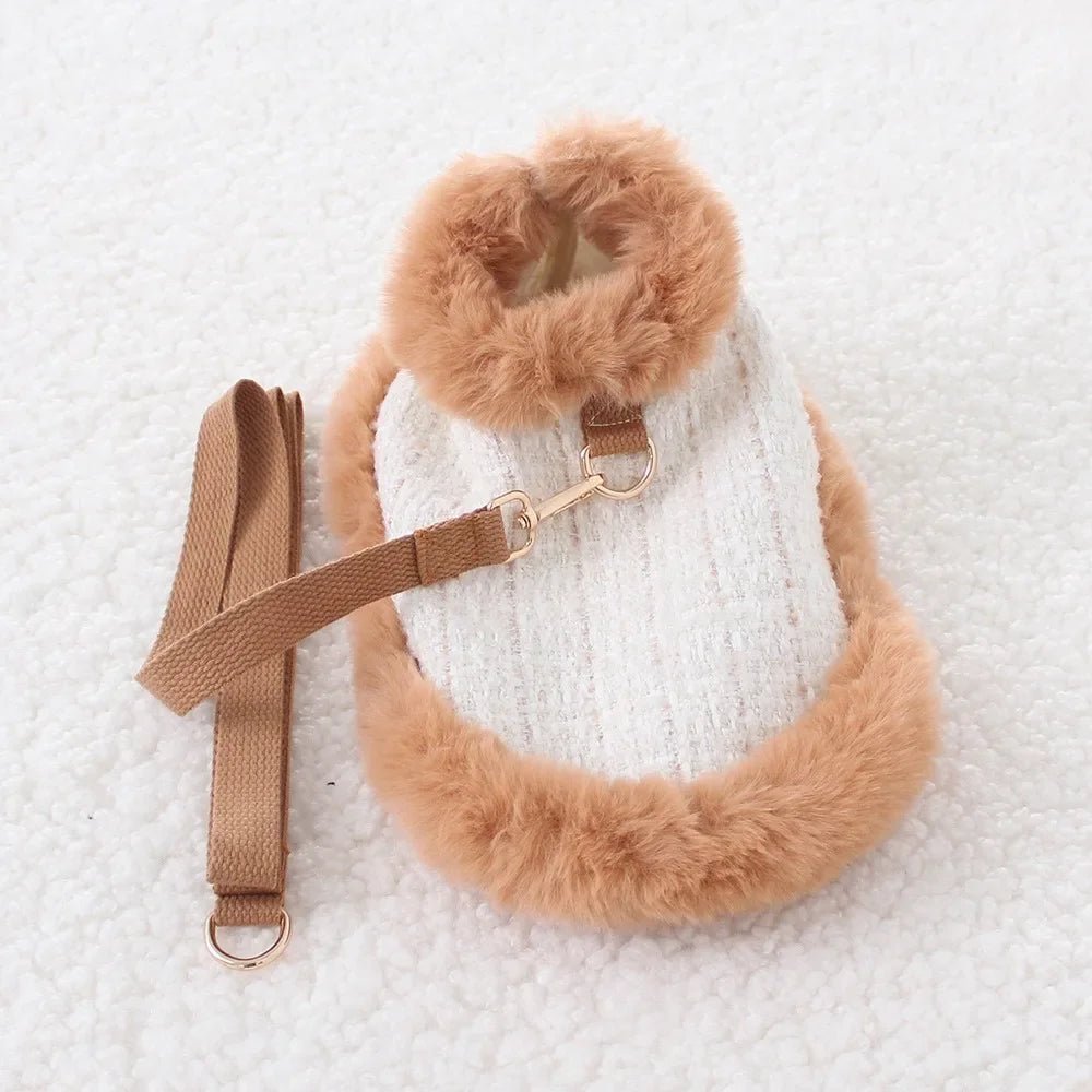White Pet Vest with Carmel Fur Trim - Pet Panache Boutique